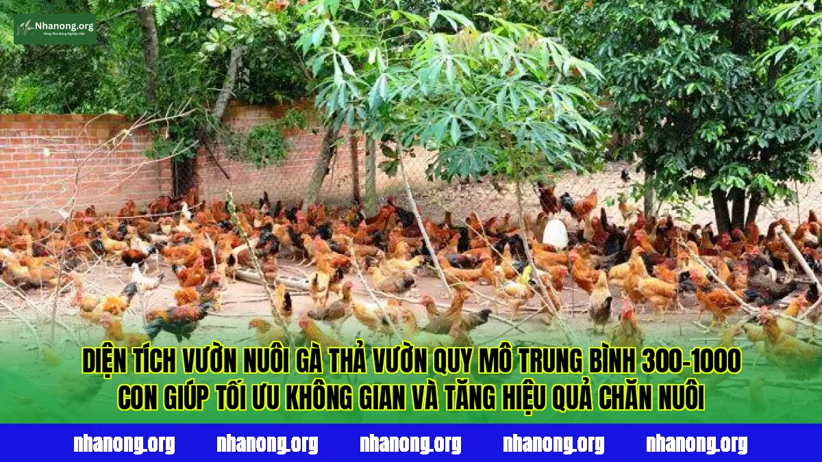 Diện tích vườn nuôi gà thả vườn quy mô trung bình 300–1000 con giúp tối ưu không gian và tăng hiệu quả chăn nuôi